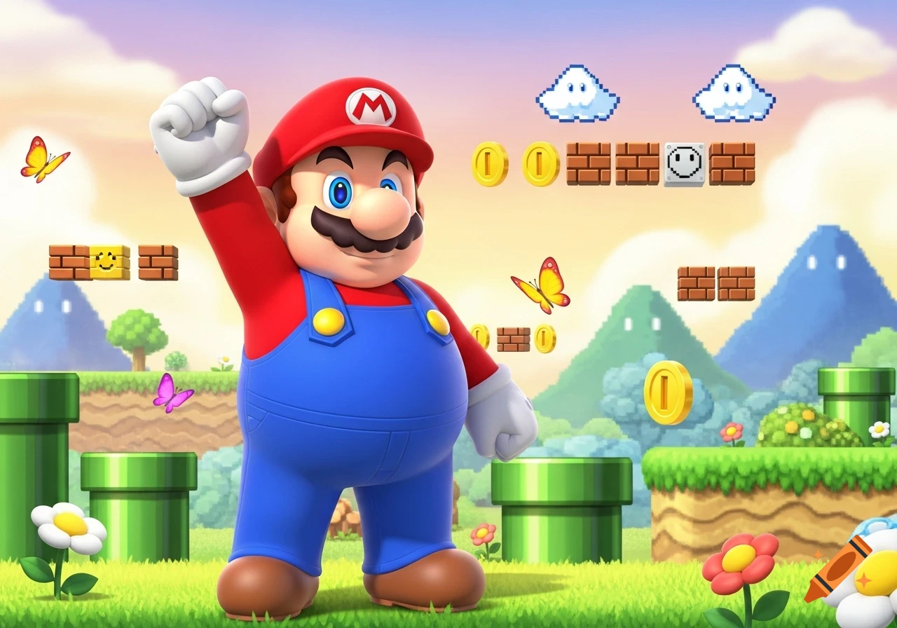 Super Mario stands triumphantly in a vibrant, classic 2D platformer landscape with pipes, coins, and pixel clouds.
