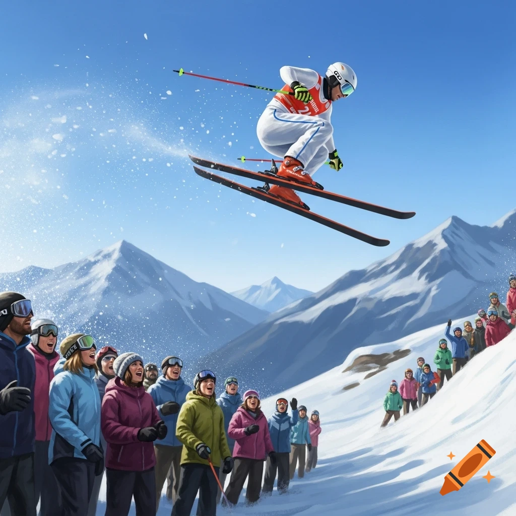 A skier jumps high over a crowd of cheering spectators on a bright, snowy mountain slope, with peaks in the background, realistic style.