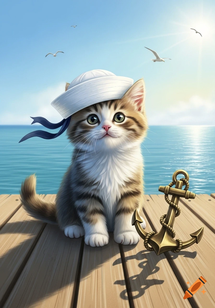 Cute tabby kitten wearing a white sailor hat with blue ribbons, sitting on a wooden dock beside a golden anchor. Blue ocean and sunny sky.