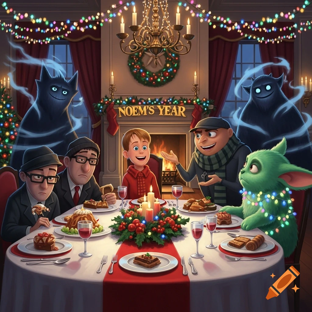 Cartoon characters, including Gru and a Grinch-like creature, celebrate New Year's dinner with ghostly figures present, surrounded by Christmas lights.