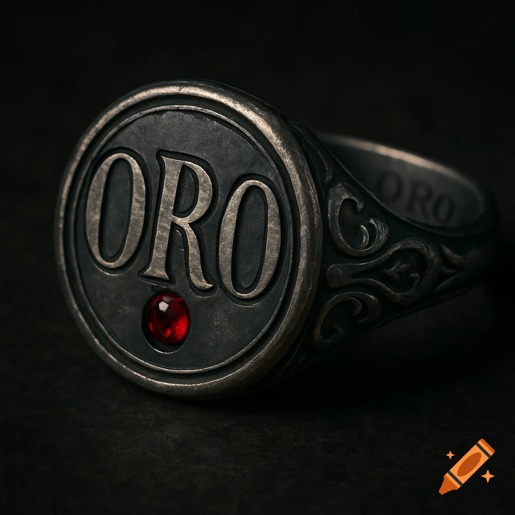 Close-up of an antique dark silver signet ring with 'ORO' text, a small red ruby, and ornate engravings, on a dark background.