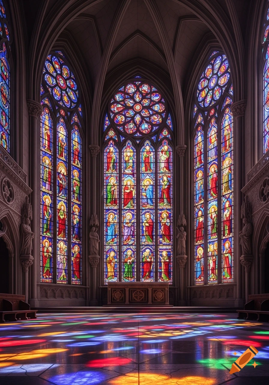 Interior view of a grand gothic cathedral with vibrant stained glass windows casting colorful reflections on the polished floor.