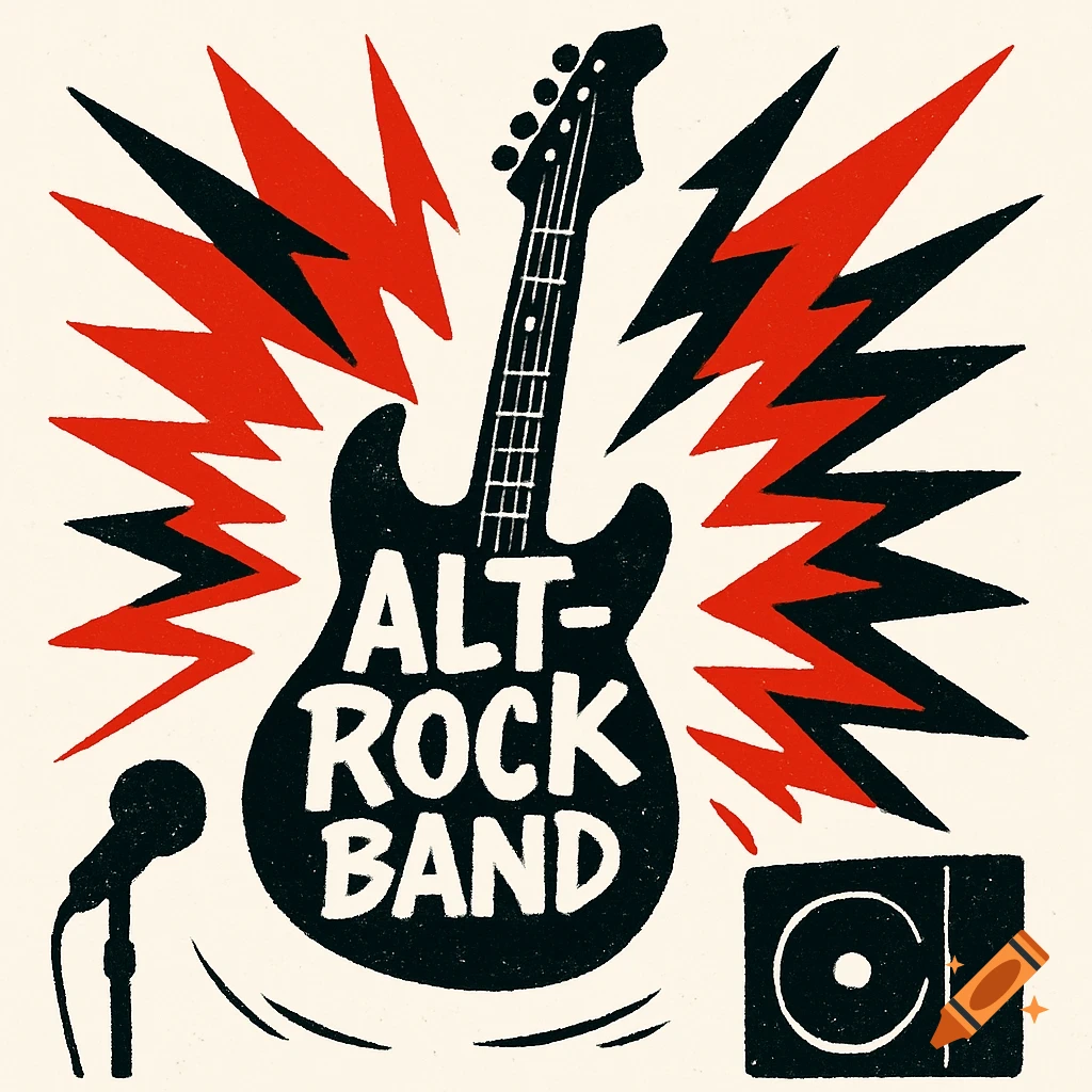 A stylized illustration of a black electric guitar with "ALT-ROCK BAND" text, surrounded by red and black lightning bolts, a microphone, and an amplifier.