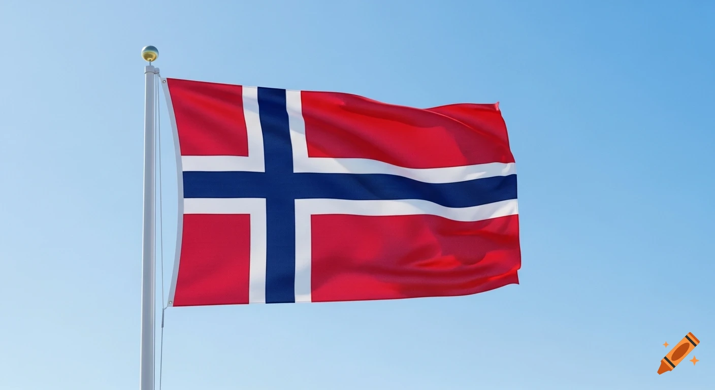 The flag of Norway, red with a blue Nordic cross outlined in white, waves against a clear blue sky.