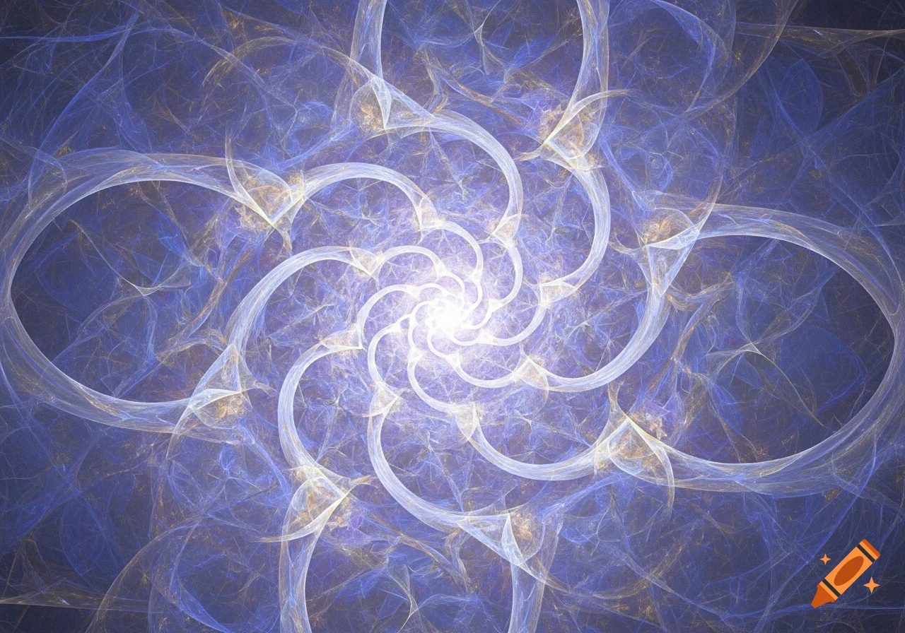Swirling abstract fractal pattern with light blue, purple, and gold hues emanating from a bright white center.