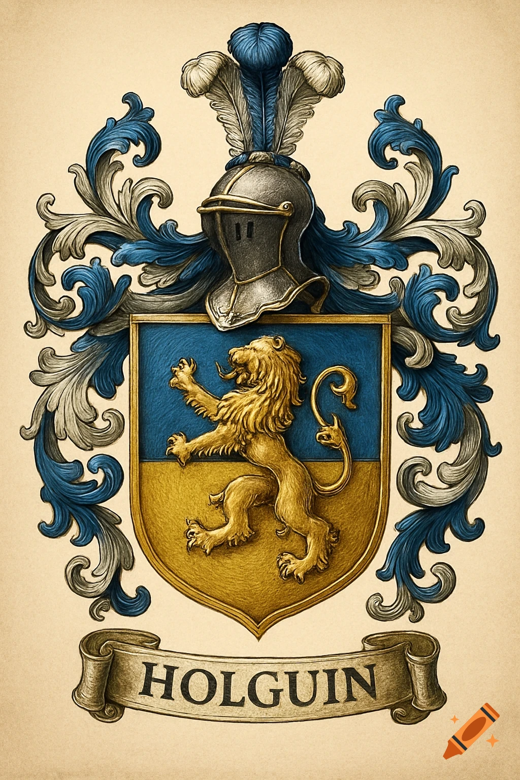 A detailed heraldic crest featuring a golden lion rampant on a blue and gold shield, a helmet with feathers, and a 'HOLGUIN' banner, in an illustration style.