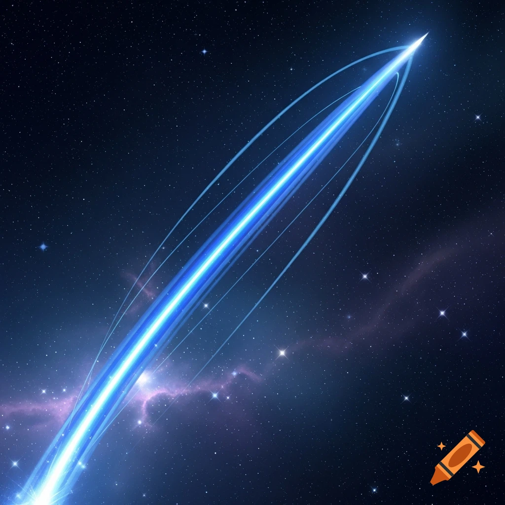 A vibrant blue light ray streaks diagonally through a dark blue starry space, with subtle purple nebula clouds in the background.