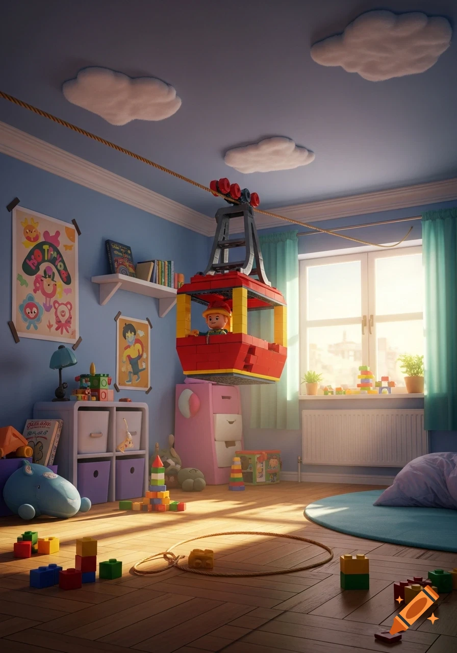 A child's room with a Lego cable car system running across the ceiling, toys on the floor, and a sunny window.