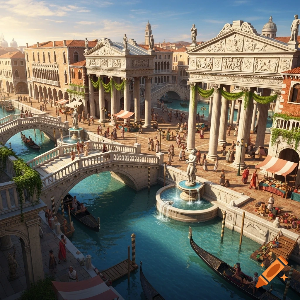 A bustling ancient Roman-style city with canals, ornate bridges, grand architecture, and people, evoking historical Venice.