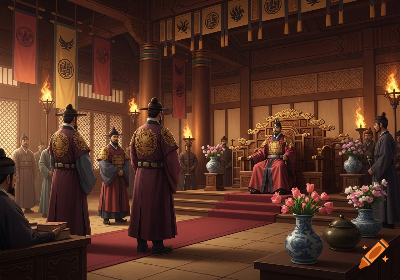 An East Asian king in red and gold robes sits on an ornate golden throne, addressing officials in a grand, torch-lit court chamber with hanging banners.