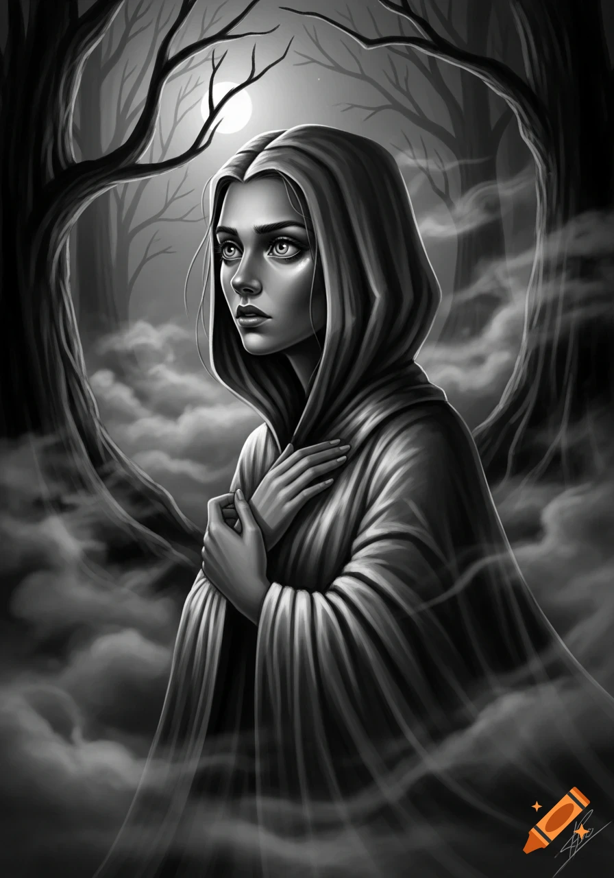 Monochrome digital art of a pensive woman in a hooded cloak, standing in a misty forest with a full moon.