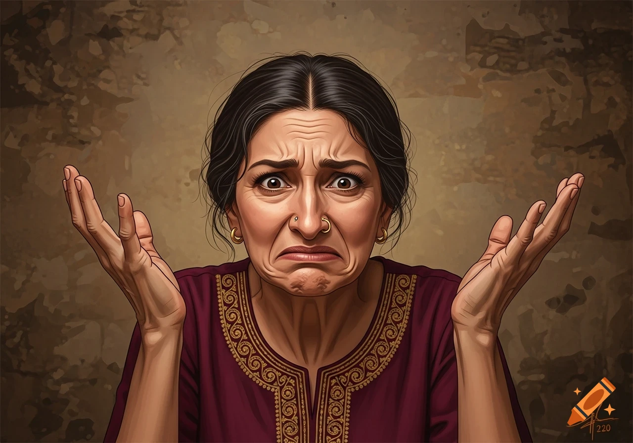 Stylized illustration of a woman with a prominent nose and dark hair, hands raised in an exaggerated expression of disgust or frustration.