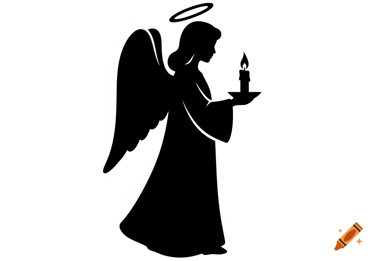 A black silhouette of an angel with wings, a halo, and holding a lit candle on a white background.