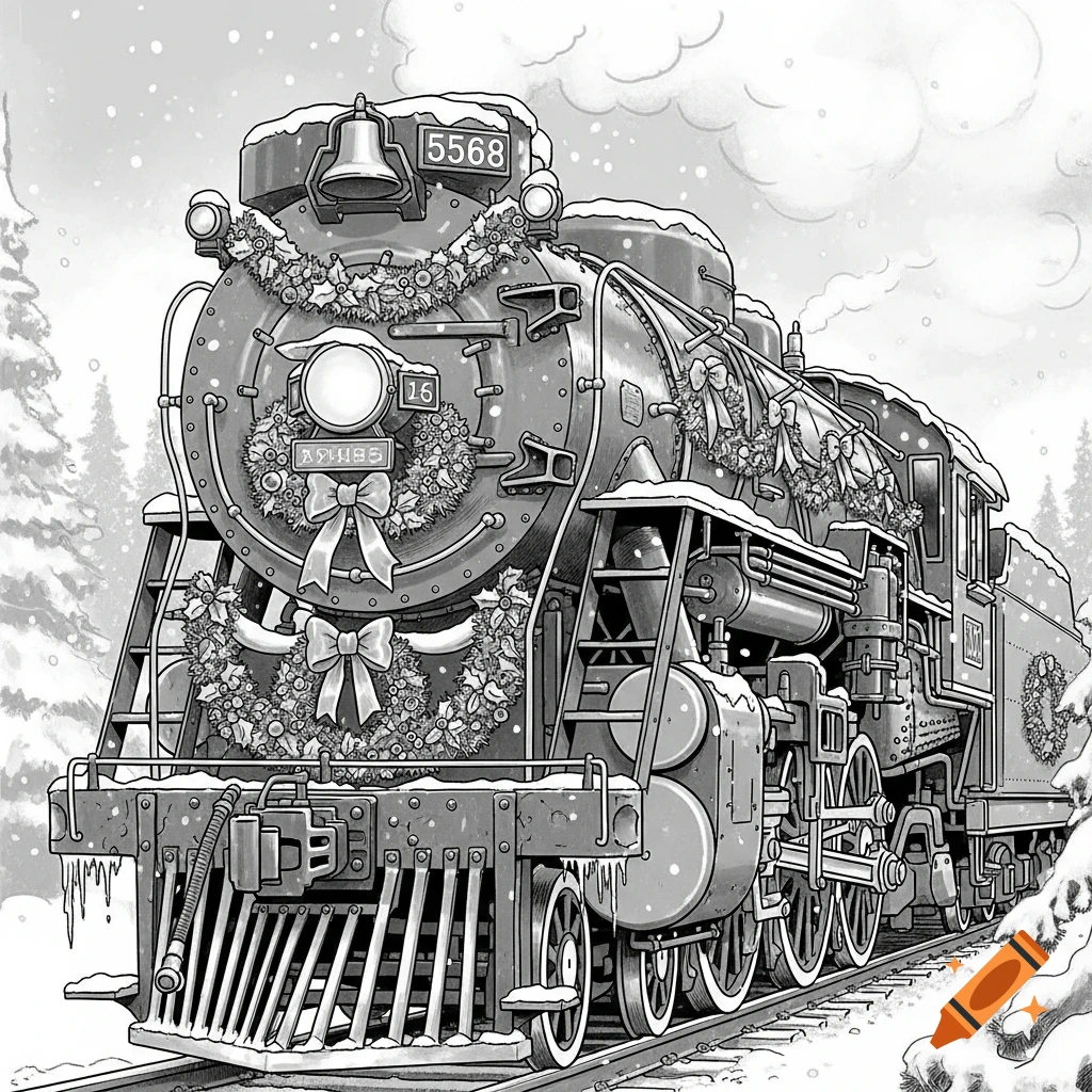 Black and white coloring page illustration of a steam locomotive decorated with Christmas wreaths and bows, covered in snow on tracks.