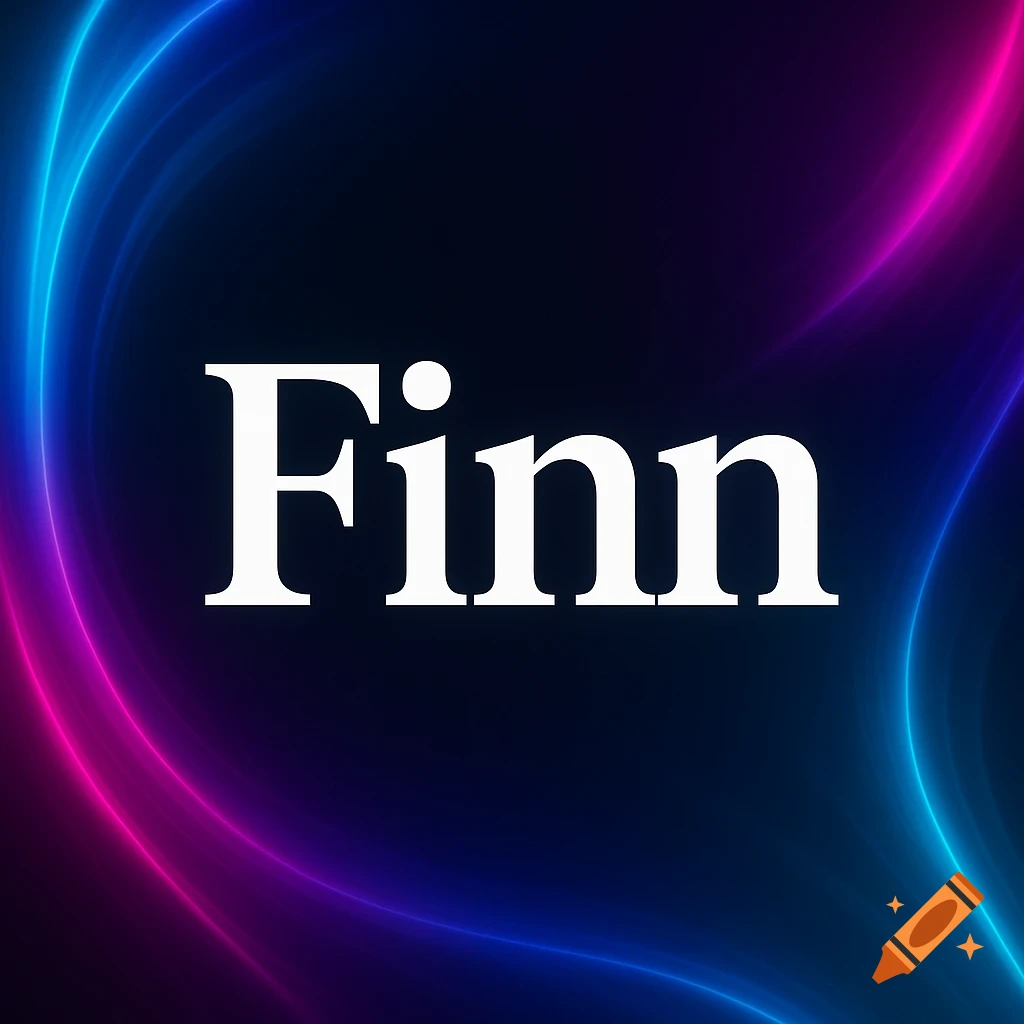 The word "Finn" in bold white letters centered on a dark background with flowing blue and pink neon light trails.