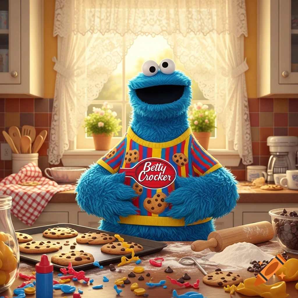 Photorealistic image of Cookie Monster wearing a Betty Crocker t-shirt, standing in a sunny kitchen with cookies and baking ingredients on the counter.