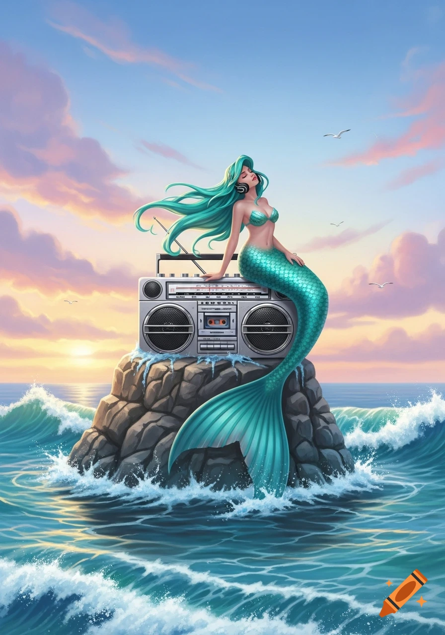 An illustrated mermaid with turquoise hair and tail sits on a rock with a boombox in the ocean at sunset.