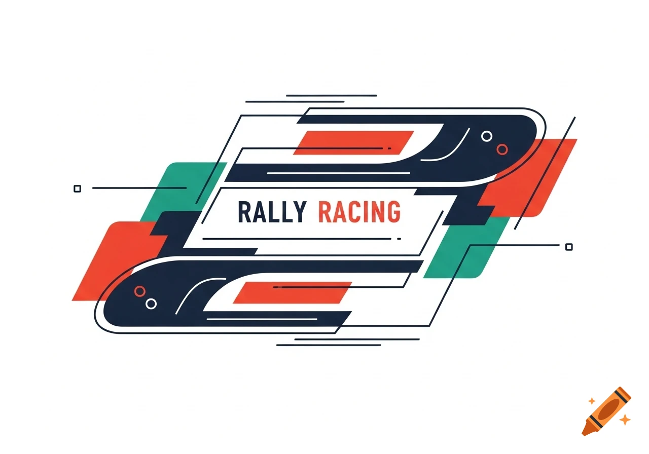 A minimalist flat vector design for Rally Racing with dynamic abstract shapes in dark blue, red, and green on a white background.