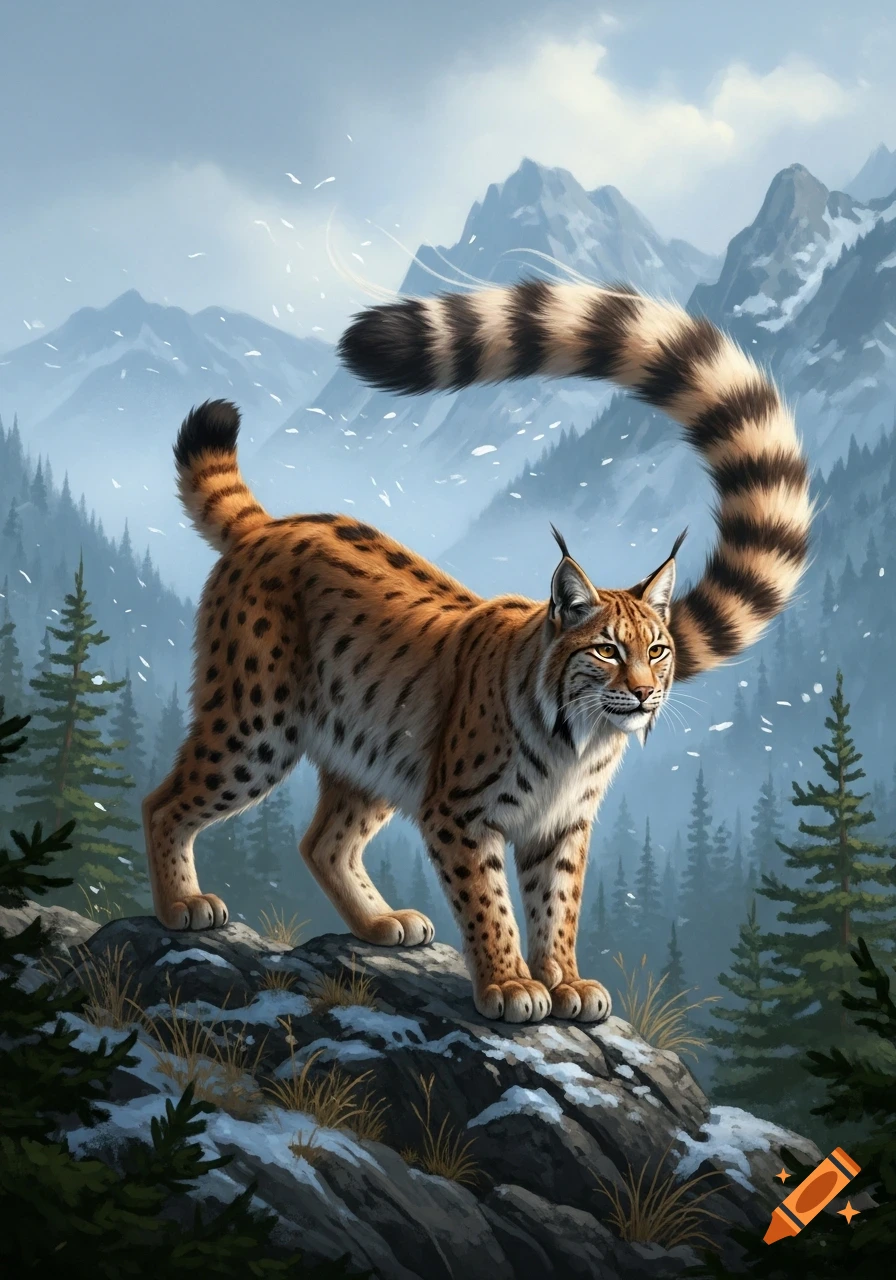 A lynx with a long, striped snow leopard tail stands on a snowy rock in a mountain forest.