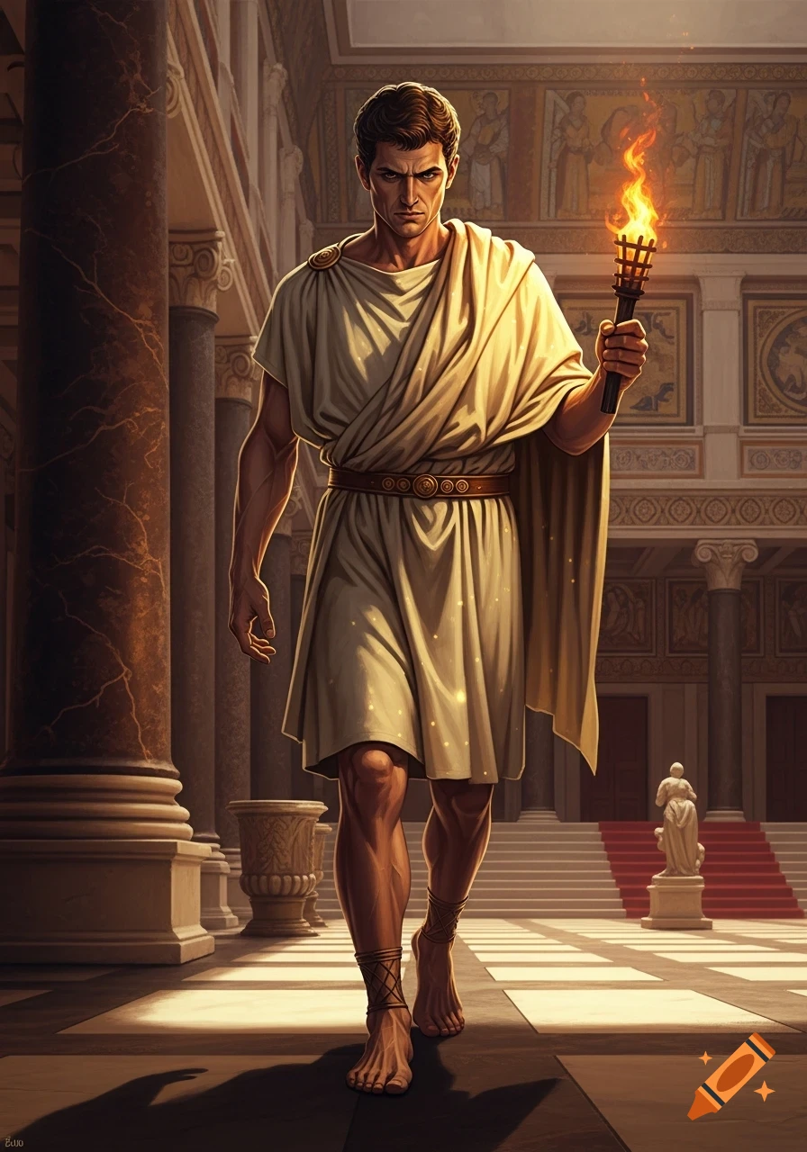 A stern Roman man in a toga holds a flaming torch, walking barefoot through a grand hall with classical columns and murals.