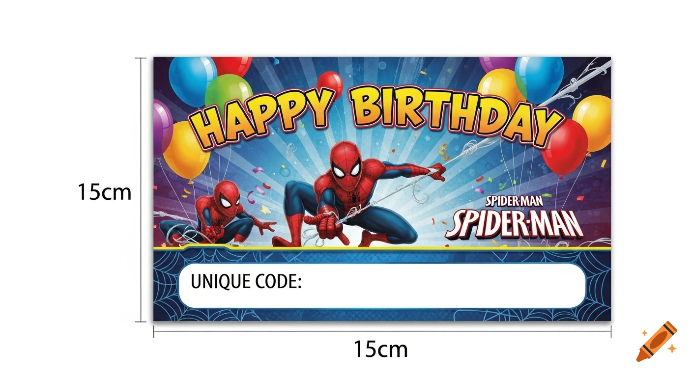 A Spider-Man birthday voucher featuring two Spider-Men, balloons, and the text 'Happy Birthday' and 'UNIQUE CODE:'.