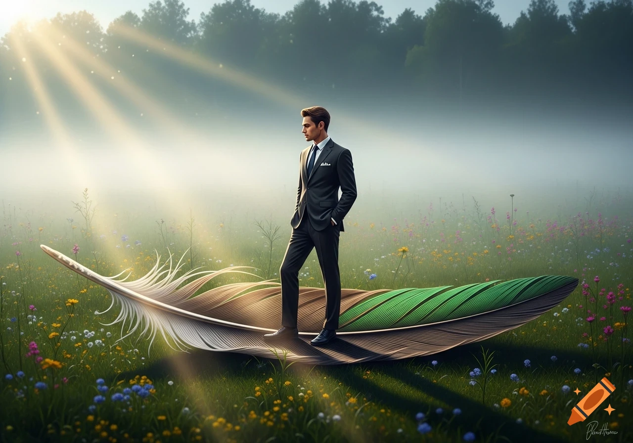 A man in a suit stands on a giant feather in a misty, flower-filled field with sun rays beaming through the fog.