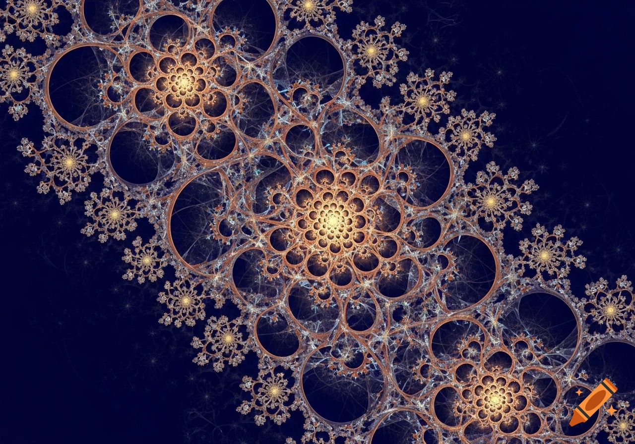 A detailed abstract fractal pattern with warm golden and orange tones against a dark blue background.