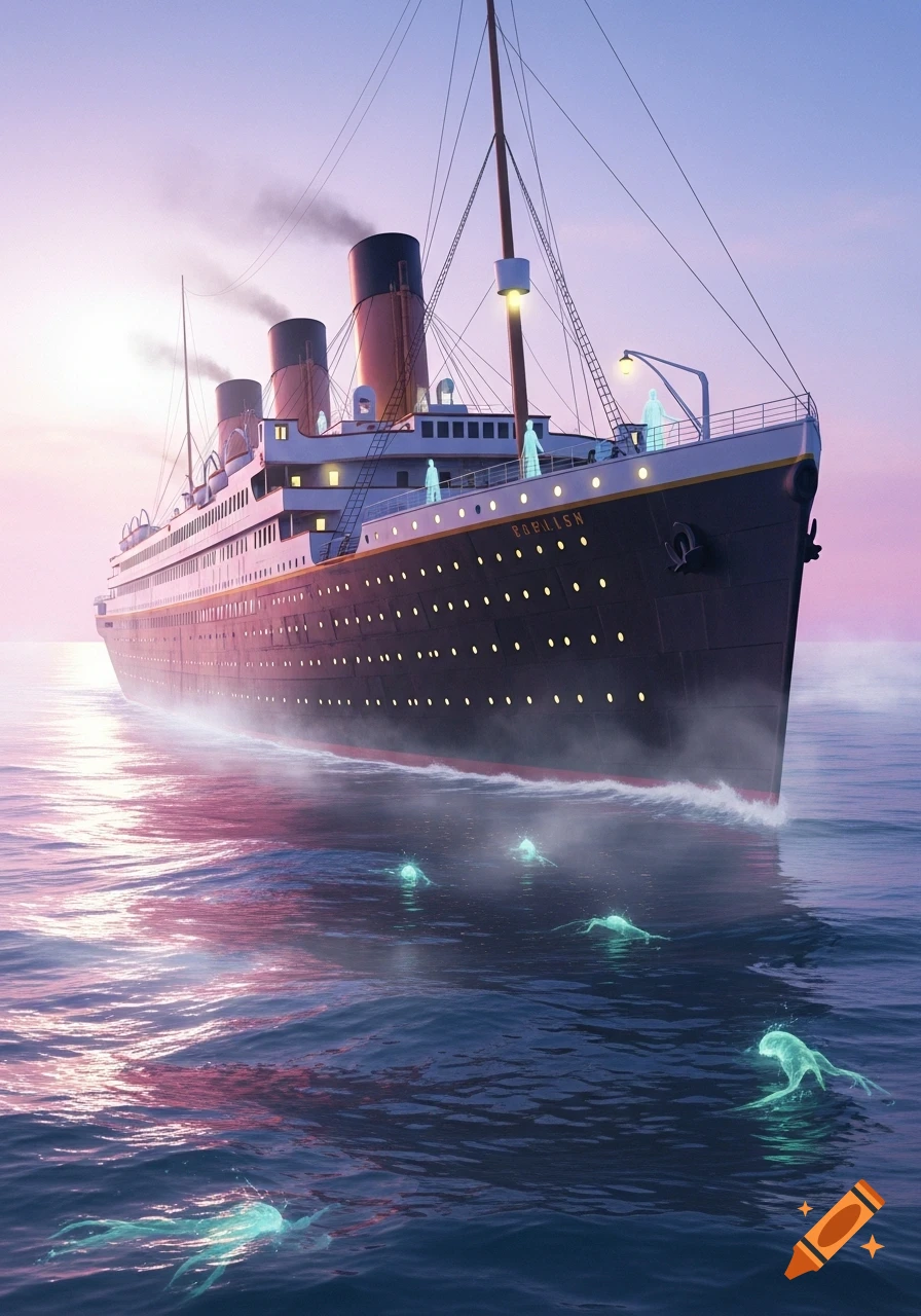 Haunted ocean liner, similar to the Titanic, sails on sparkling pink and blue water at sunset, with glowing figures.