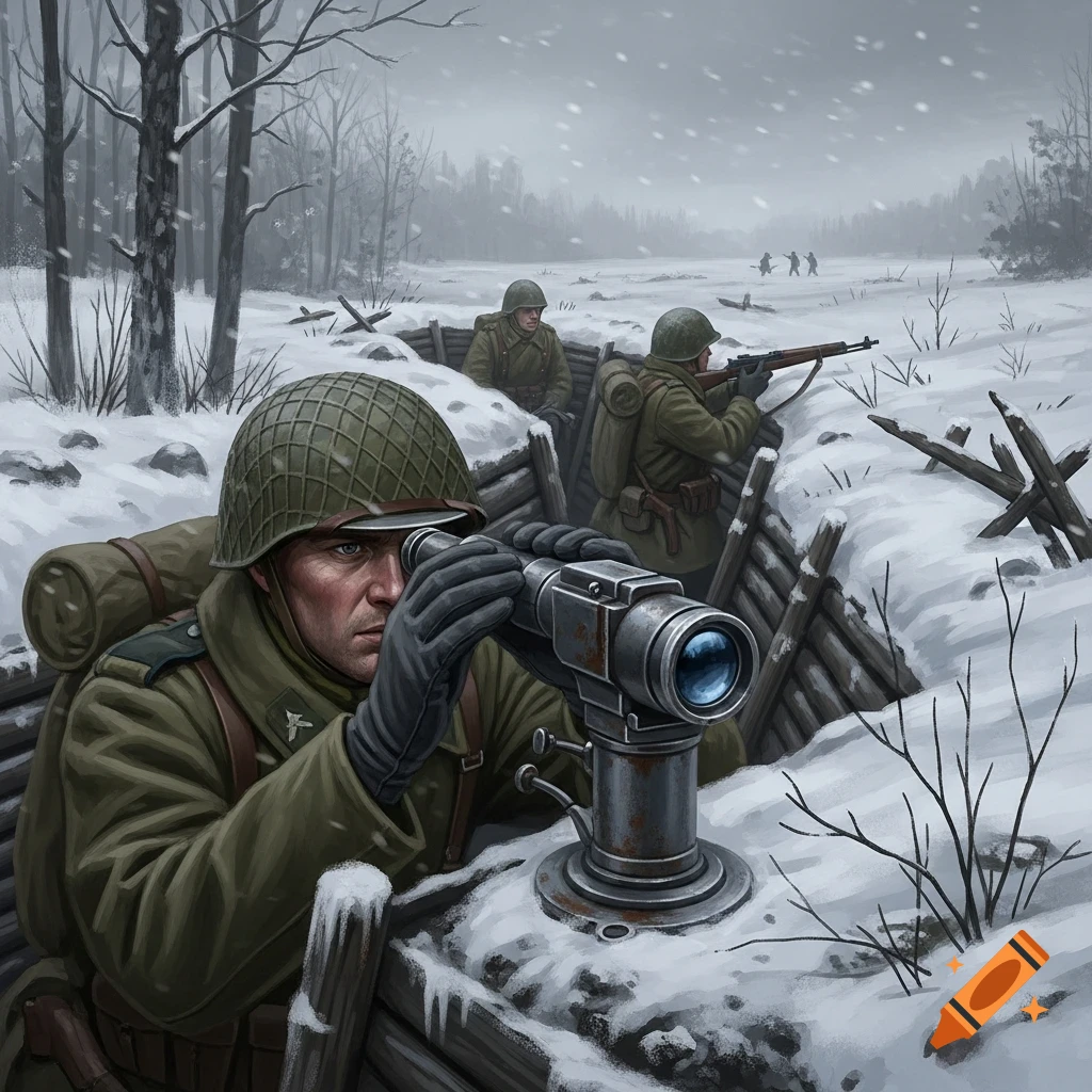 Soldiers in a snowy trench, one looking through a periscope, observing distant figures. Winter landscape illustration.