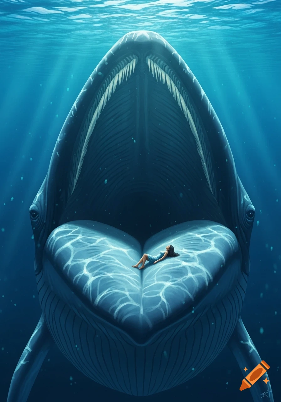 A tiny woman in a light blue dress lies on the large, hollow tongue of a blue whale underwater, with light rays from the surface.
