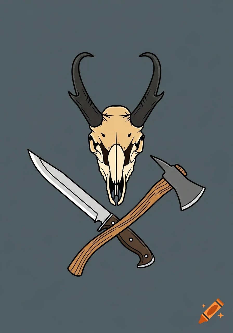 A stylized illustration of a pronghorn antelope skull with a crossed knife and tomahawk below it on a dark grey background.
