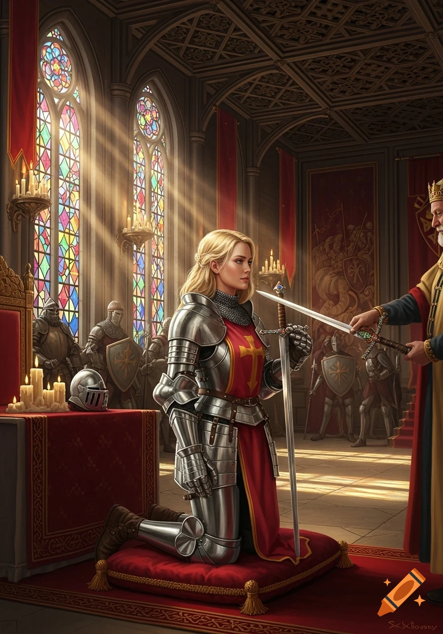 A blonde woman in shining armor kneels before a king, being knighted with a sword in a grand hall with stained glass windows.