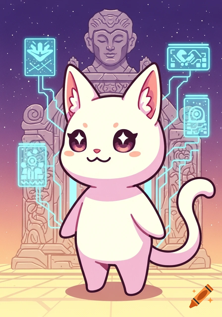 A cute white cat-like creature with large sparkly eyes stands in front of ancient ruins with glowing blue holographic displays, under a starry sky.