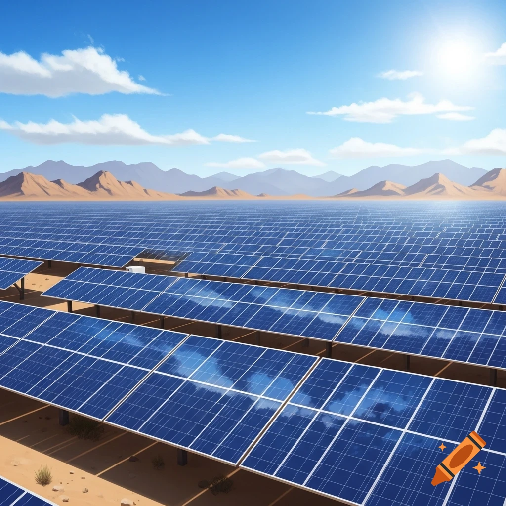 A vast solar panel farm stretches across a sunny desert landscape, with mountains visible under a blue sky.