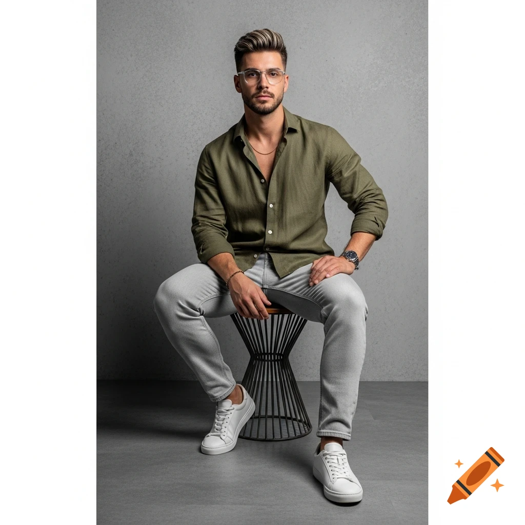 A stylish young man with glasses, an olive linen shirt, and light gray jeans sits on a wire stool against a concrete wall.