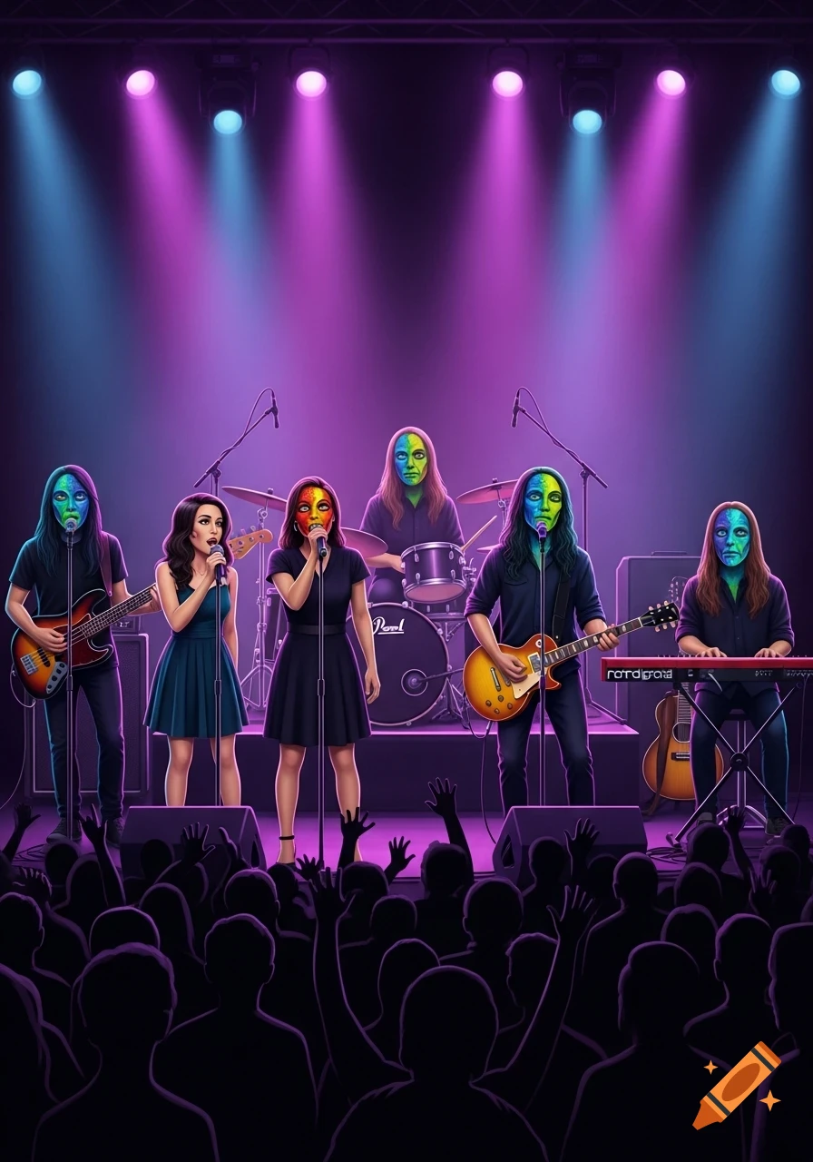 A six-member band performs on stage under purple and blue spotlights to a silhouetted crowd. Four musicians have chameleon-like faces, while two female singers have human faces.