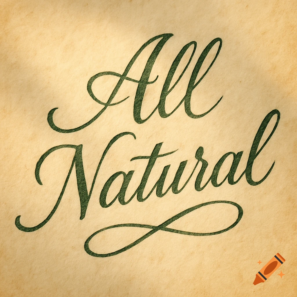 Dark green cursive text 'All Natural' on a light brown textured paper background.