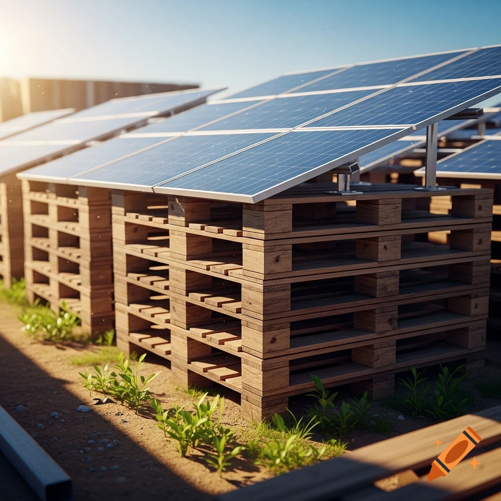 Solar panels mounted on stacks of wooden pallets under a sunny sky.