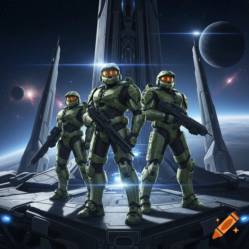 Three armored sci-fi soldiers stand on a futuristic platform in space, holding rifles, with planets and a large structure in the background.