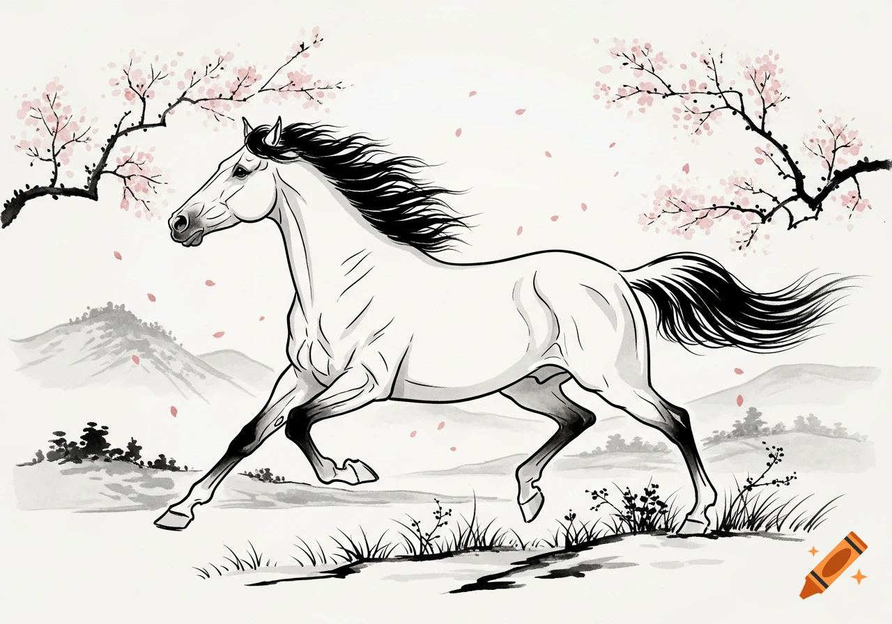 A white horse with a flowing black mane and tail gallops across a sparse landscape with cherry blossoms, mountains, and grass in a traditional Japanese ink painting style.