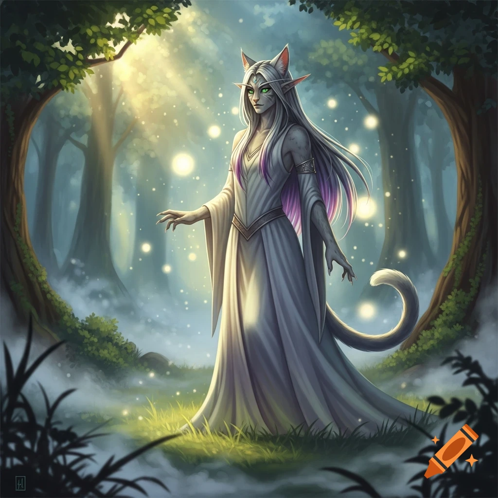 A cat-like elf woman with white hair and green eyes stands in an enchanted forest with glowing orbs, digital fantasy art.