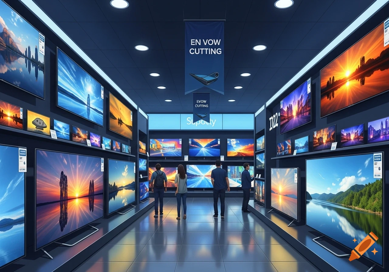 A brightly lit television department in an electronics store, with many screens displaying vibrant landscapes and customers browsing.