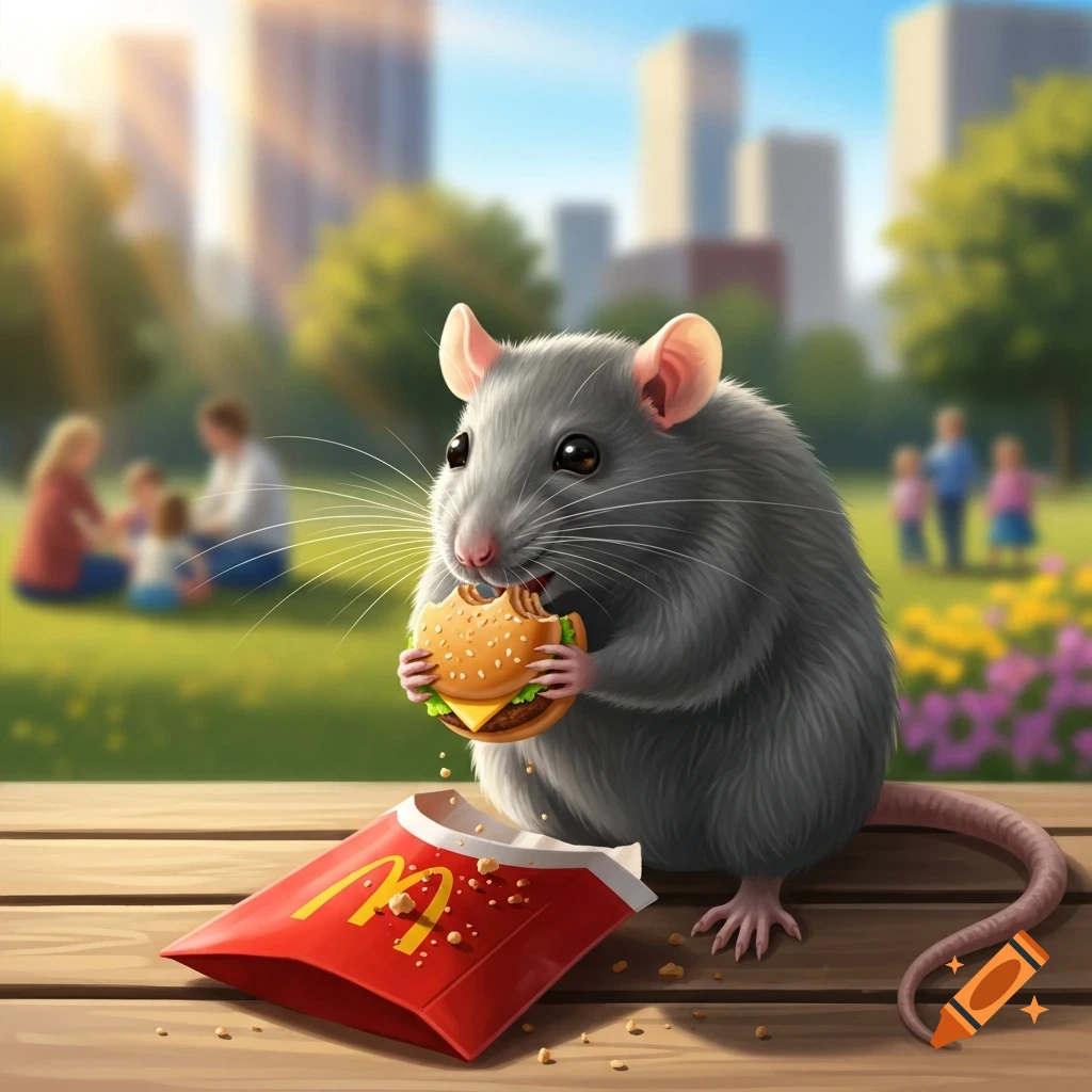A cute cartoon rat happily eats a hamburger from a McDonald's package on a picnic table in a sunny park.