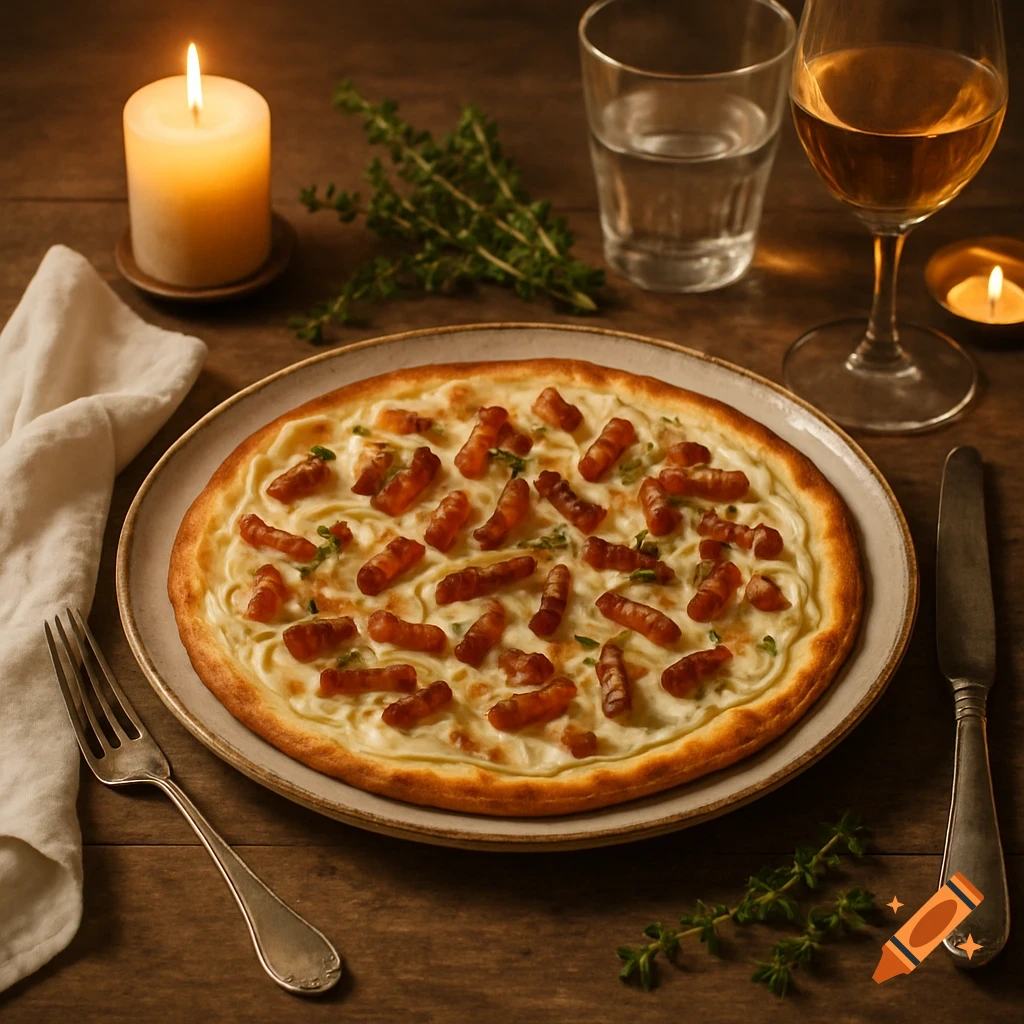 A photorealistic overhead shot of a Flammkuchen with bacon and chives on a wooden table, lit by candlelight.