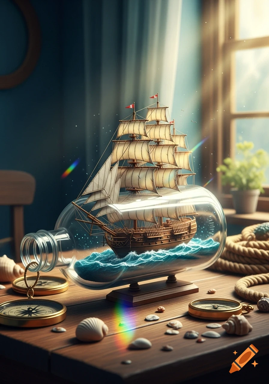 A miniature sailing ship floats on choppy blue water inside a clear glass bottle, resting on a wooden table with compasses, seashells, and rope, bathed in warm sunlight.