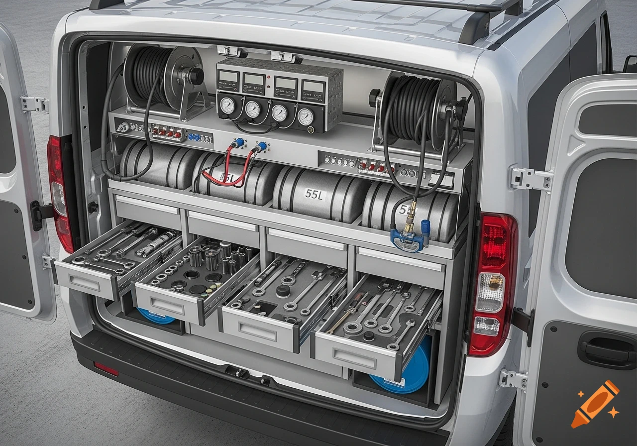 Rear view of a white service van's organized interior with oil tanks, hose reels, electronic meters, and open drawers filled with wrenches and other tools.
