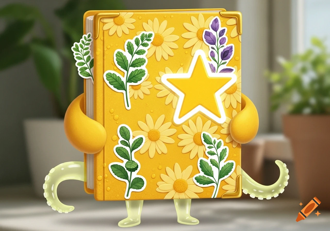 A cute yellow anthropomorphic book with daisy patterns, plant stickers, a star sticker, small yellow legs, and tentacles.