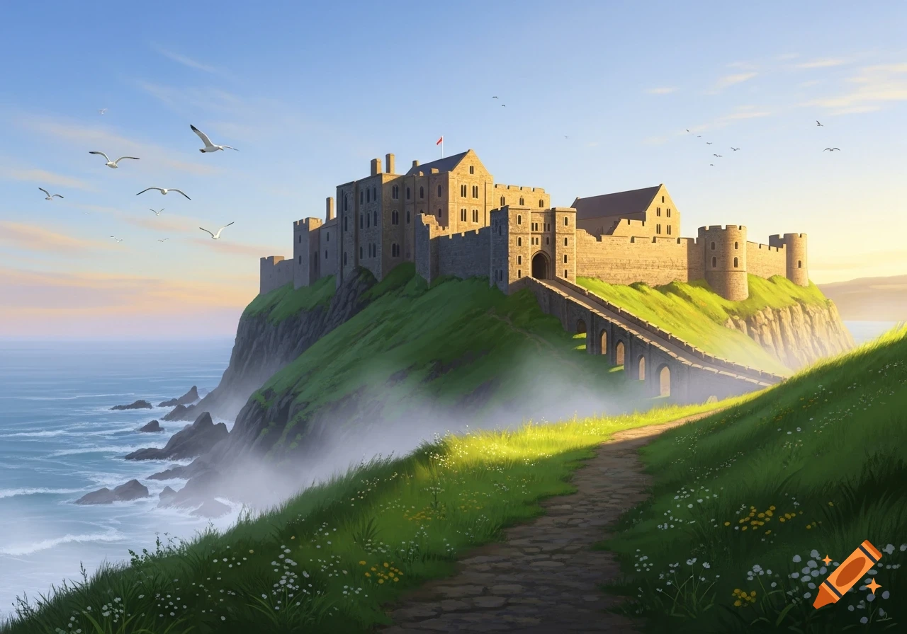 A majestic stone castle on a green cliff overlooking a blue sea, with a winding path and seagulls, in an illustrative style.