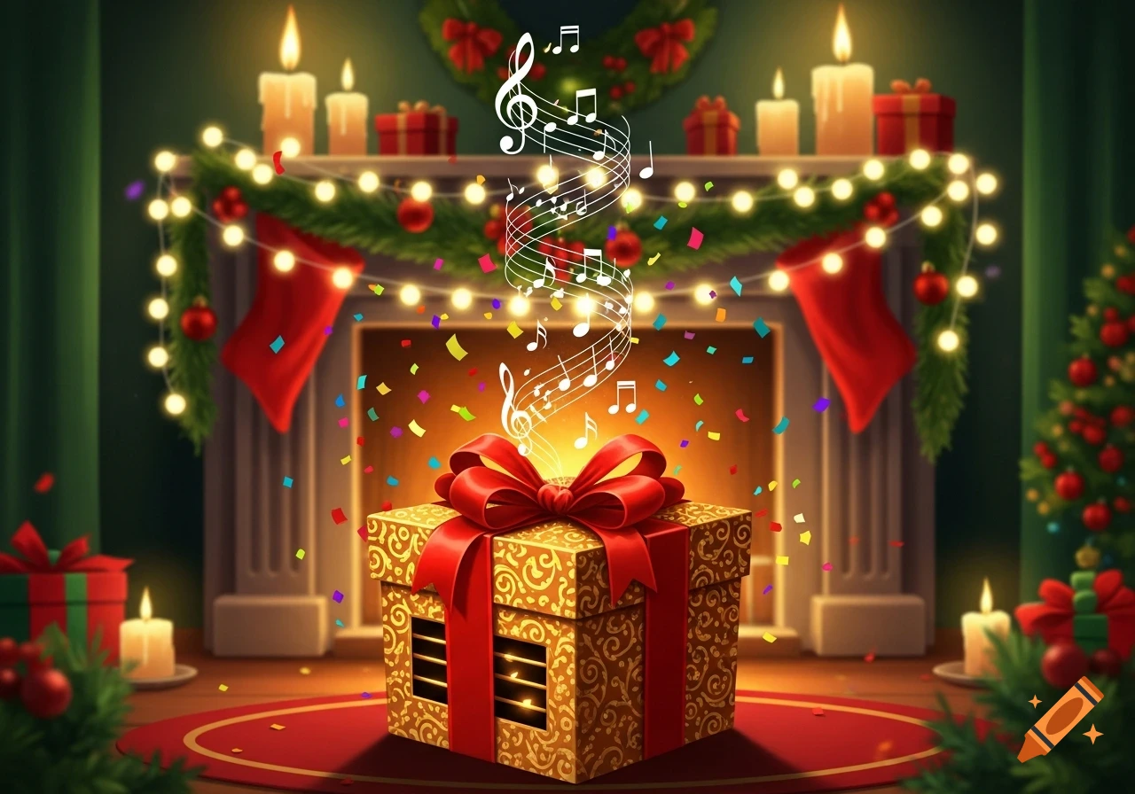 A festive gold gift box with a red bow emitting musical notes and colorful confetti in front of a decorated Christmas fireplace and tree.