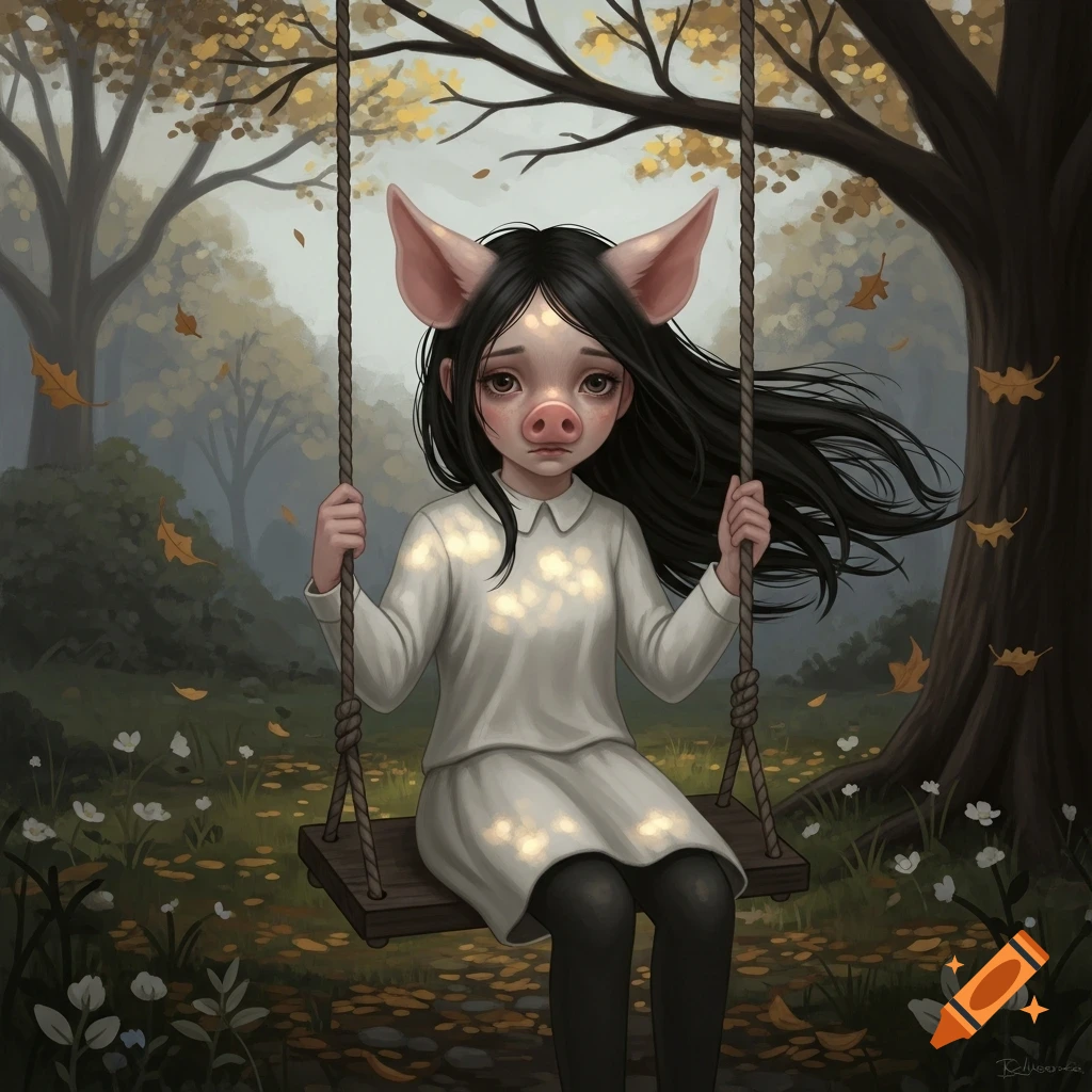 A sad girl with pig ears and snout sits on a swing in an autumnal forest.